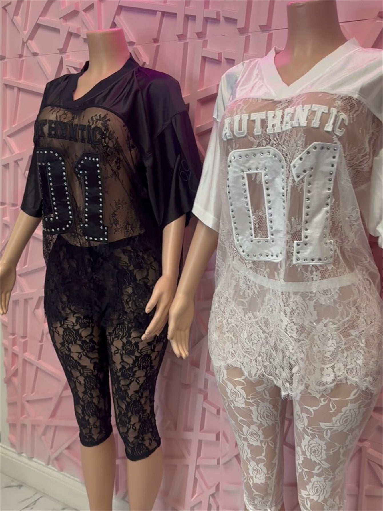 Patchwork Solid Color Embroidered Hollow Lace See-Through Sexy Short-Sleeved Top & Shorts Set 6