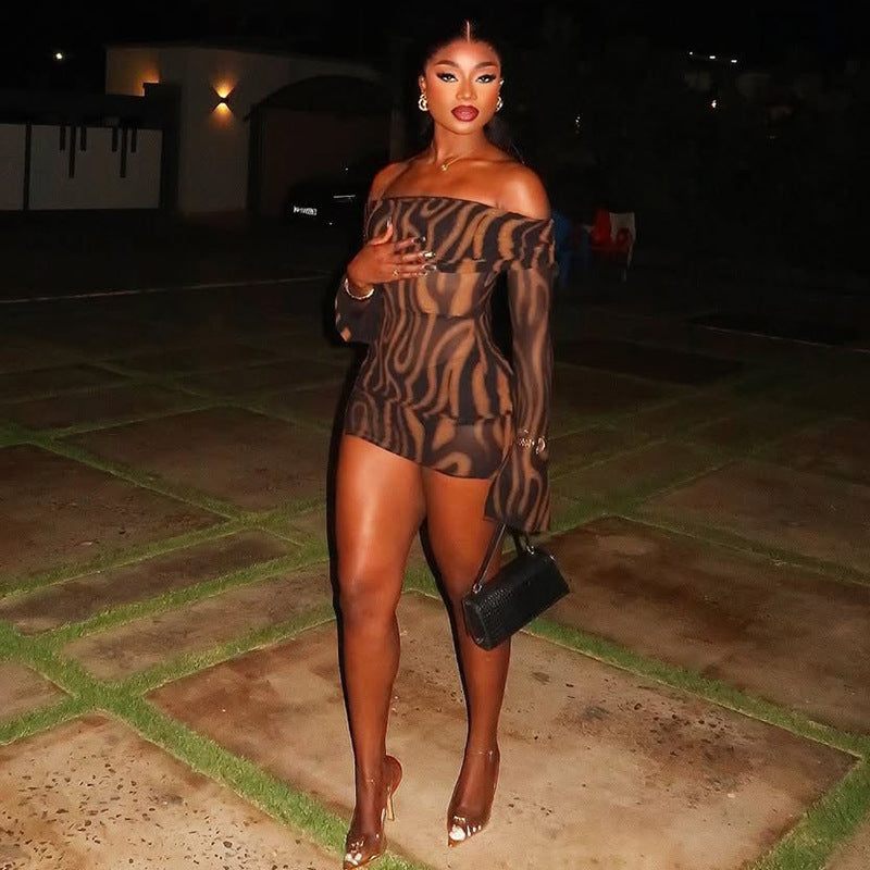 Chic Print Women's Off-Shoulder Long Sleeve Short  odycon Dress 4