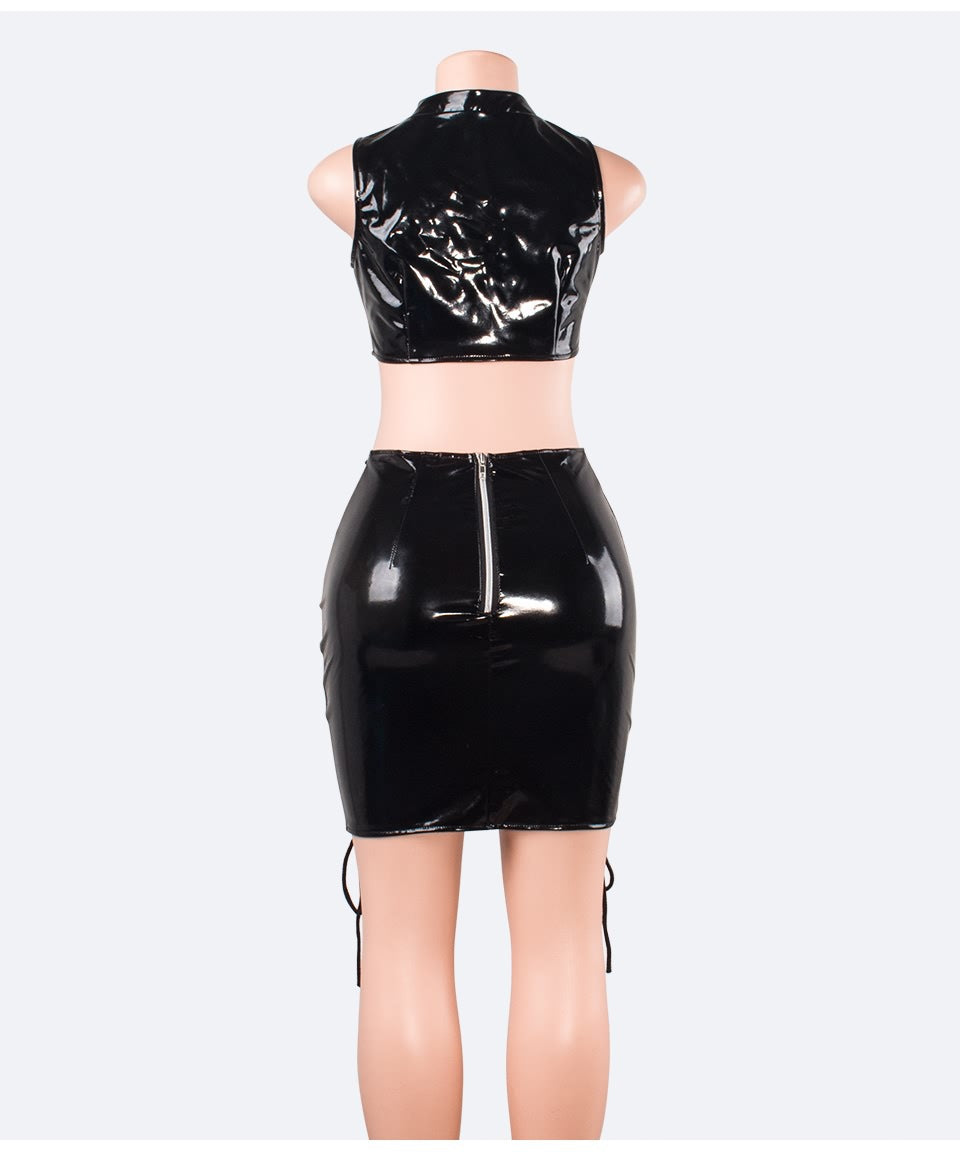 Women Sexy Lace-Up Cutout PU-Leather Top and Skirt Two-Piece Set 8