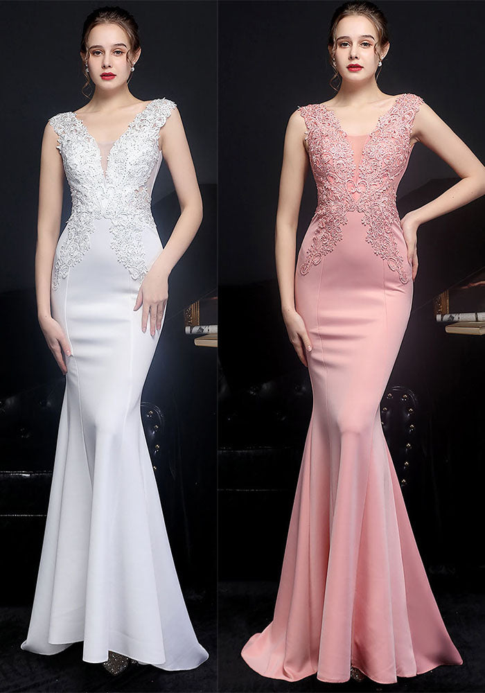 Summer Lace Upper Sleeveless V-Neck Mermaid Evening Dress