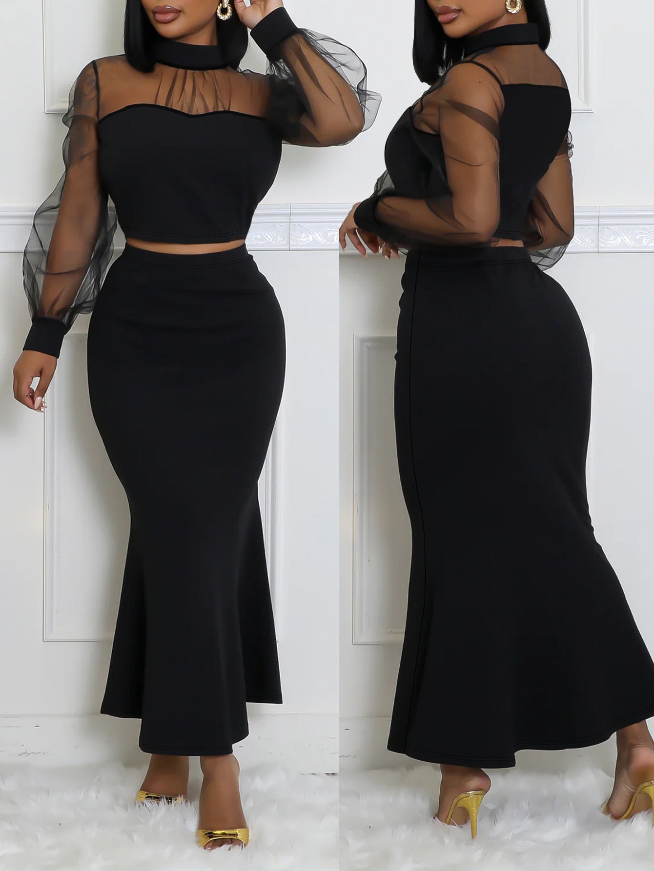 Women Elegant Mesh Patchwork Top And Long Skirt Two-piece Set 3