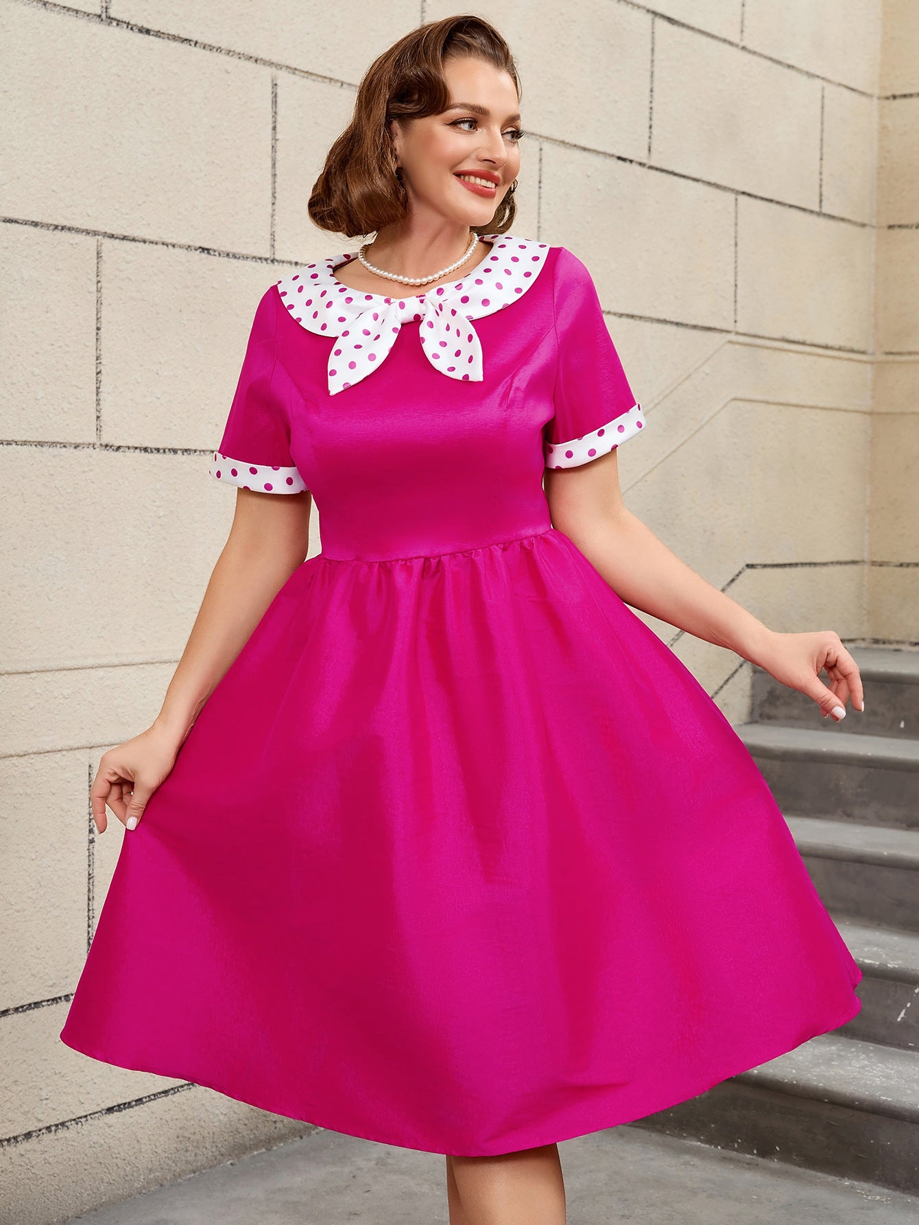 Plus Size Contrast Color Polka Dot Rose A-Line Career Dress 3