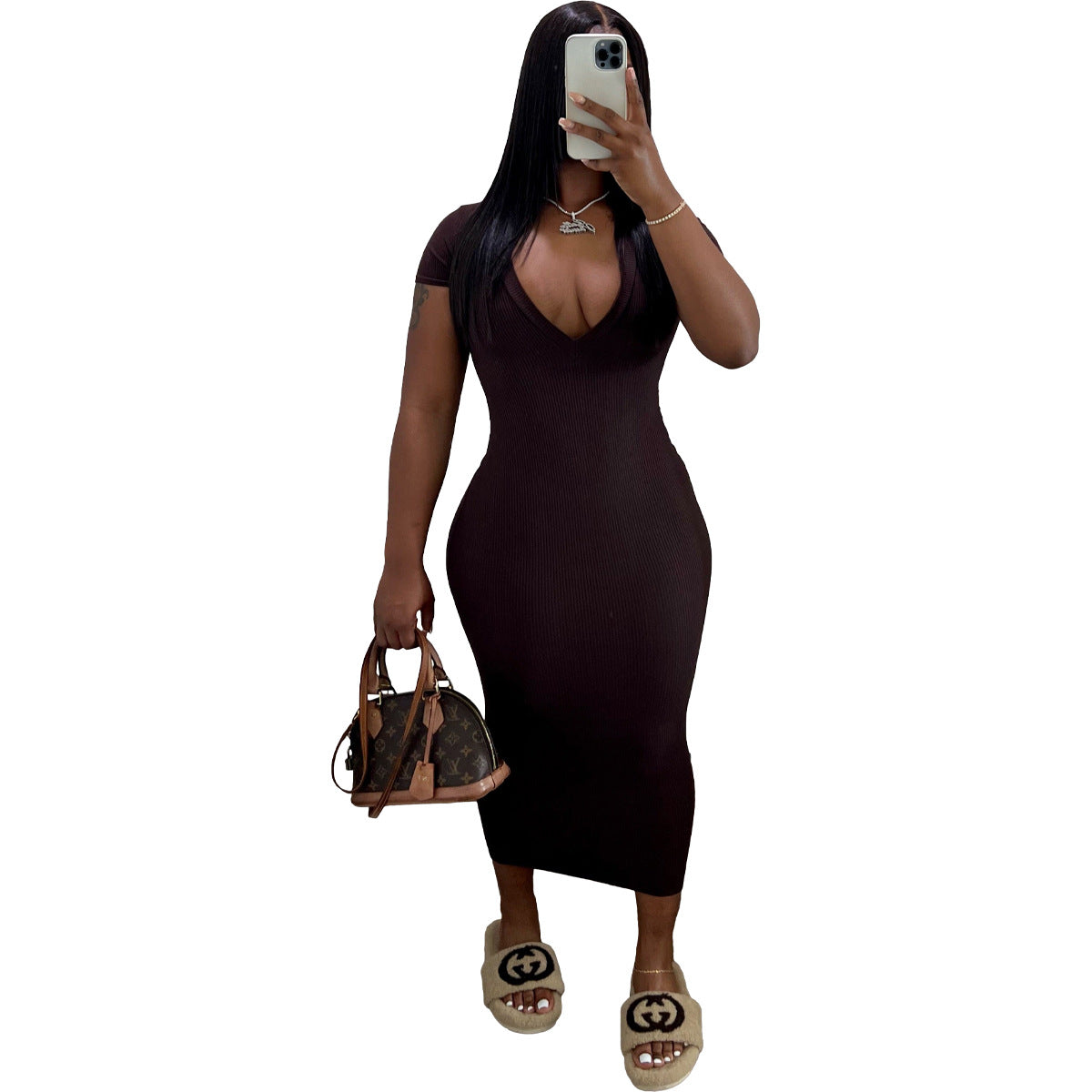 Fashion Solid Color Casual Fashion Sexy Deep V Ribbed Dress 9