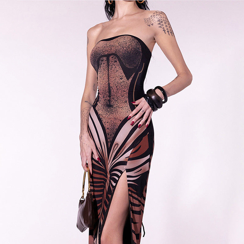 Women sexy Strapless Backless Print Maxi Dress 8
