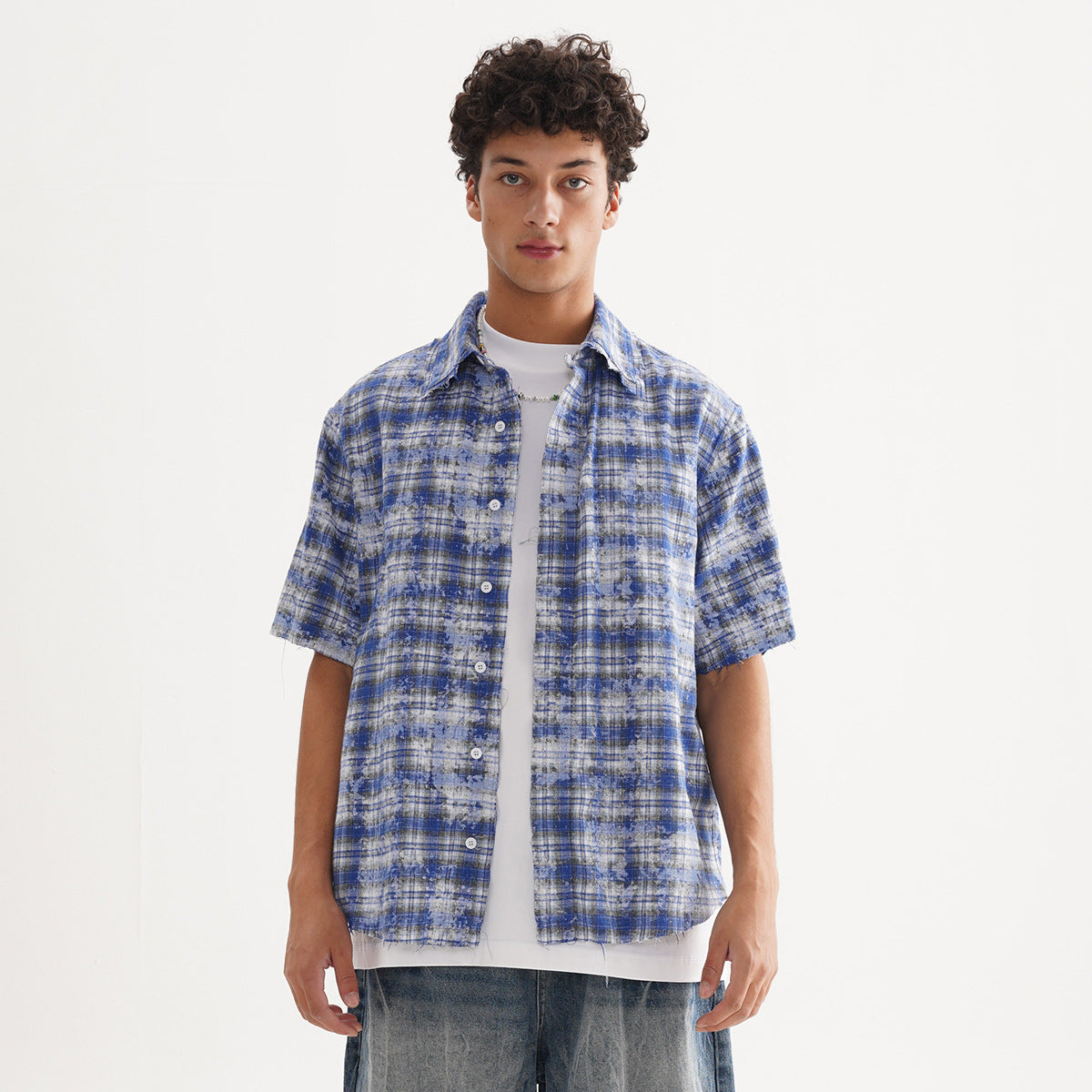 Casual Trendy Plaid Loose Short Sleeve Men's Shirt