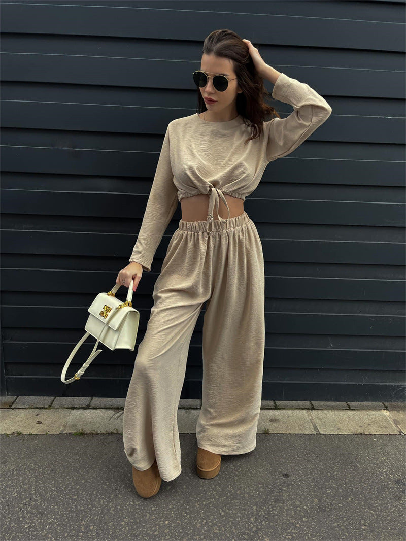 Women Solid Lace Up Long Sleeve Crop Top Wide Leg Pants Two Piece Set