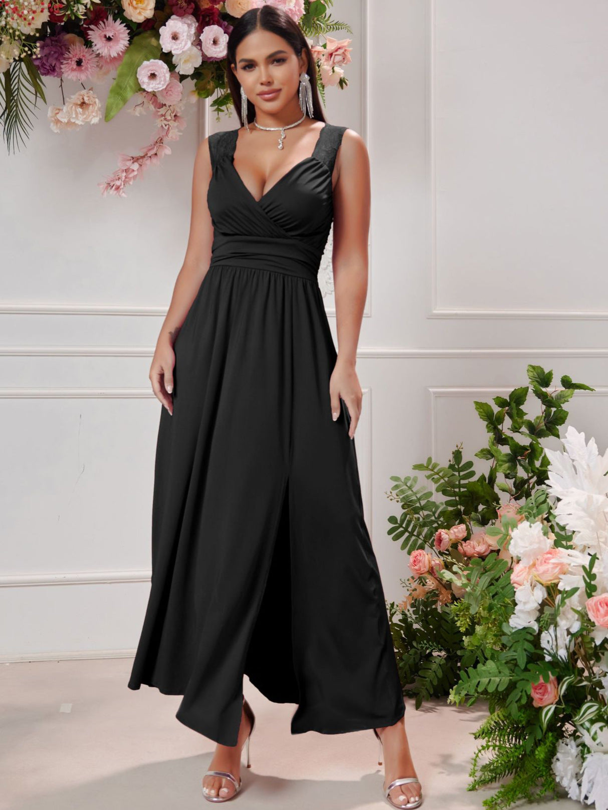 Women Sexy V-neck Sleeveless Lace Slit Dress 6