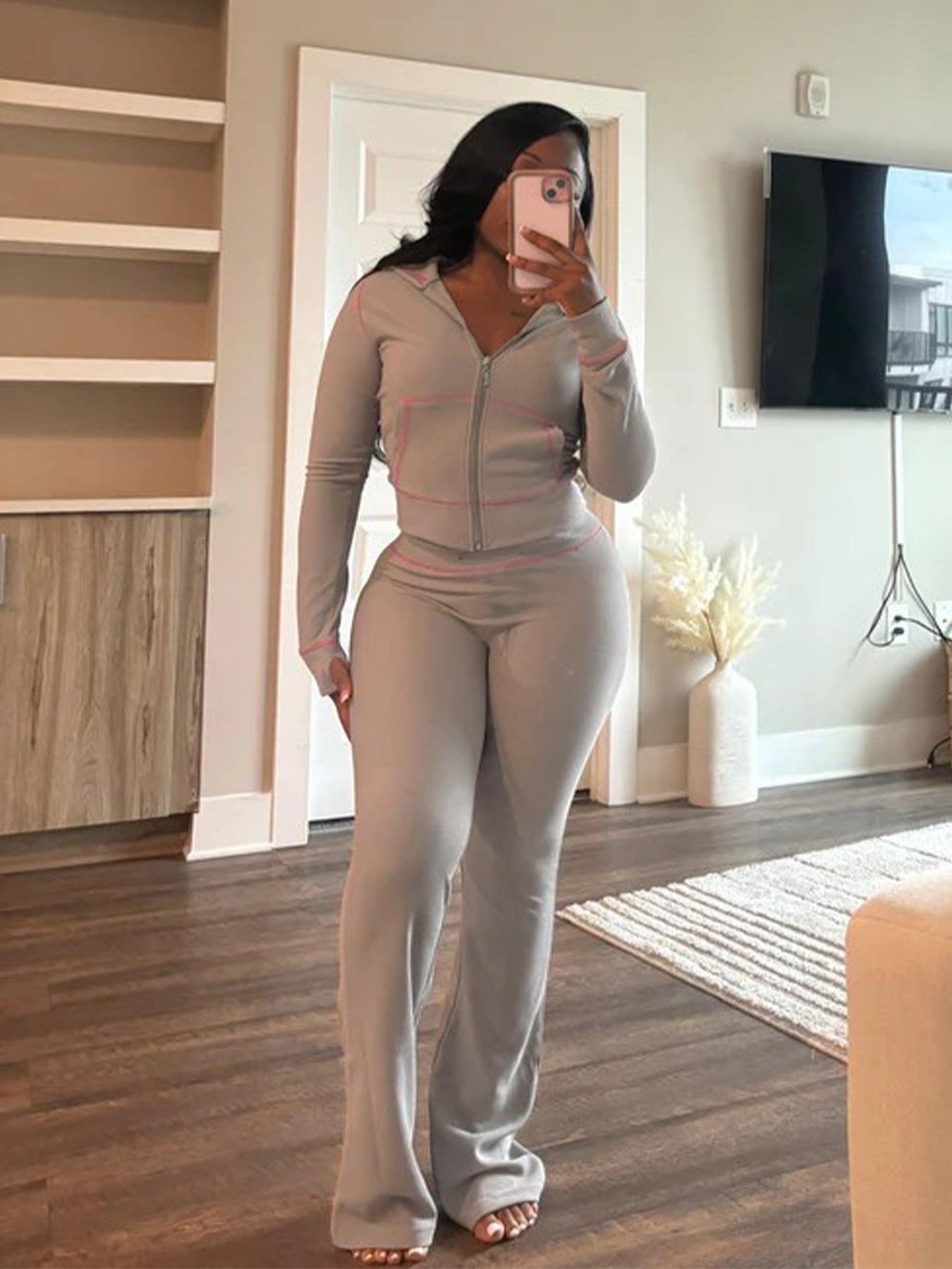 Women's Waffle texture hooded Bell Bottom Casual two piece pants set 8