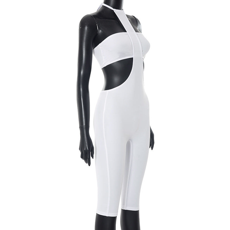 Women's Sexy Solid Color StraplessTop  Halter Low Back Tight Fitting Jumpsuit Two-Piece Set 5