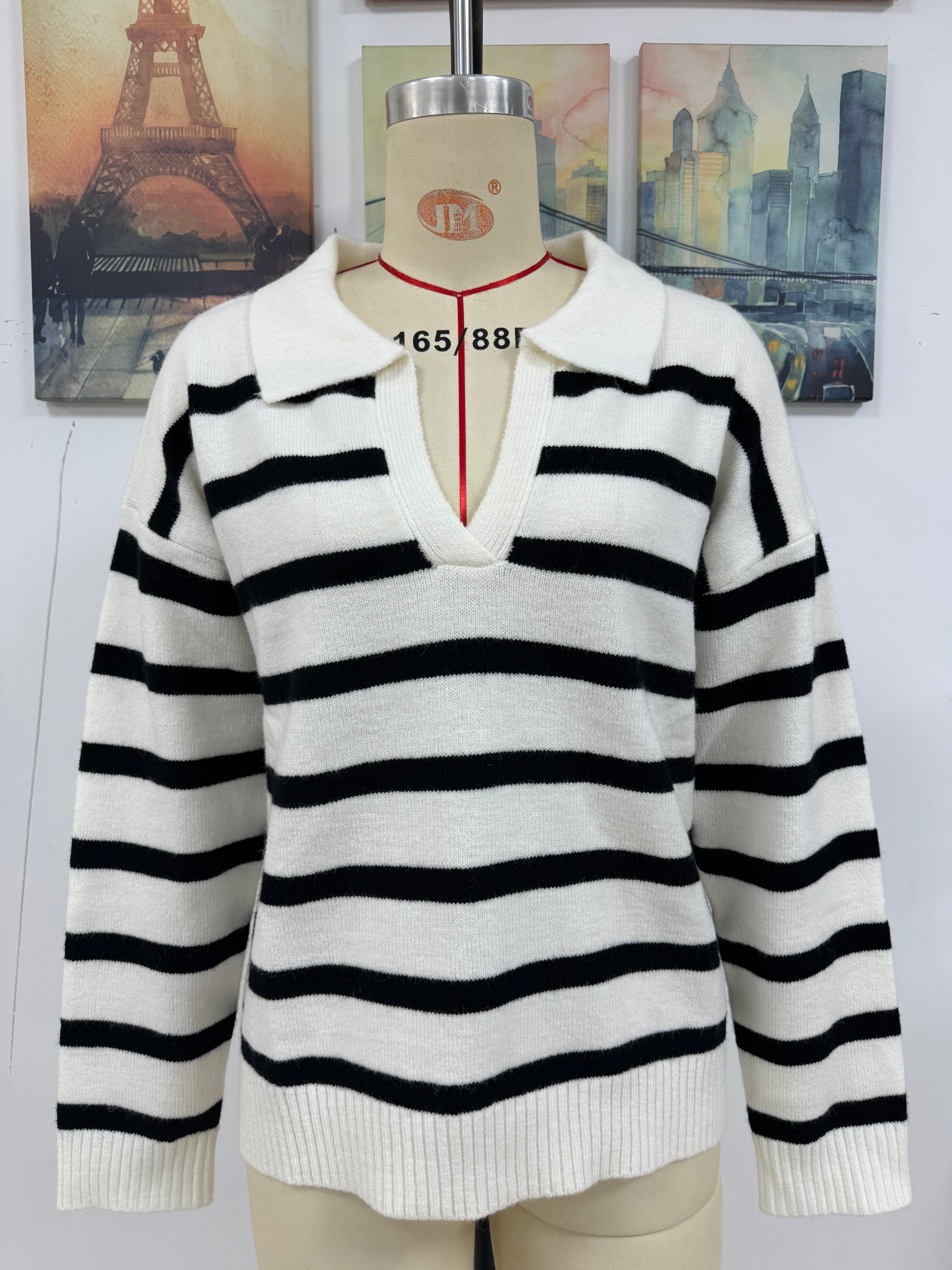 Autumn And Winter Women's Fashion Stripe Turndown Collar Loose Knitting Sweater 22