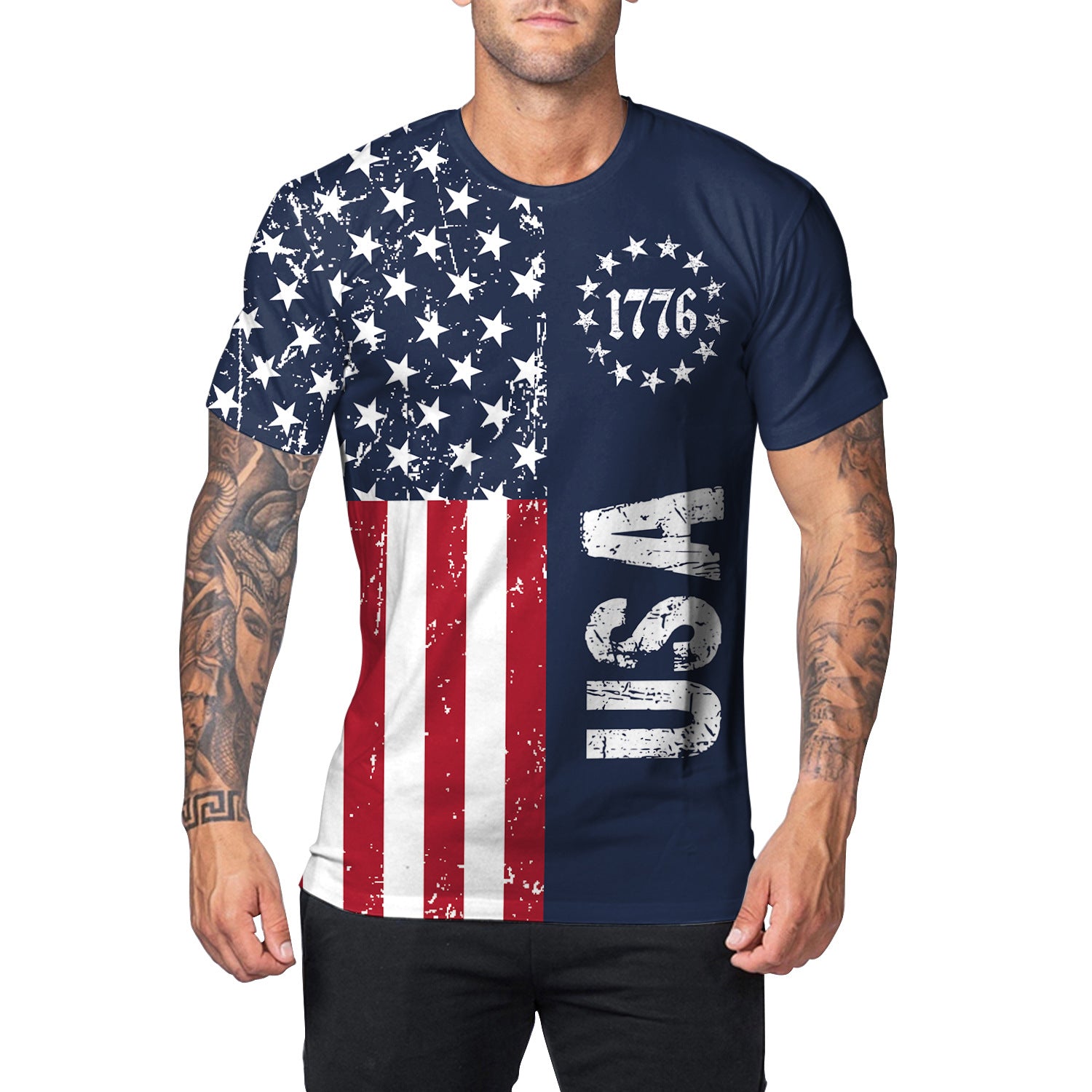 Men's American Flag Print T-Shirt Round Neck Short Sleeve Top