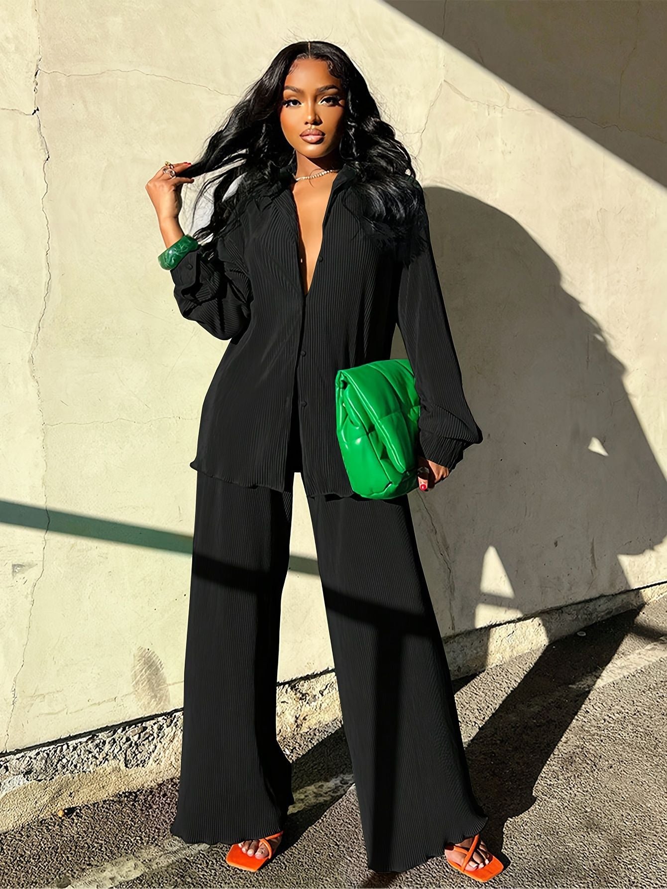 Women's Single-Breasted Turndown Collar Shirt Trousers Two-Piece Set 5