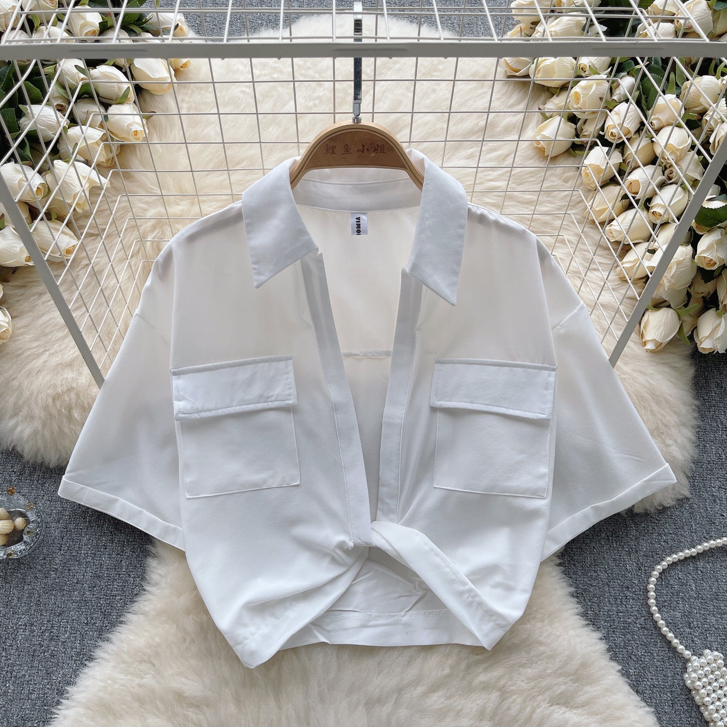 Women Turndown Collar v-neck Knot short-sleeved Crop Top 5