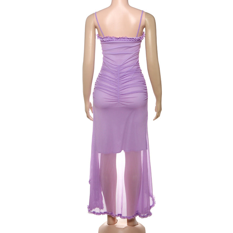 Women Sexy Backless Mesh Suspender Solid Dress 39