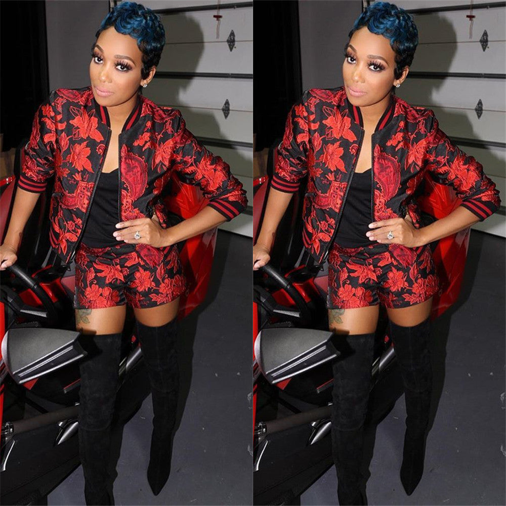 Women Autumn and Winter Style Print Long Sleeve Top And Shorts Two Piece Set