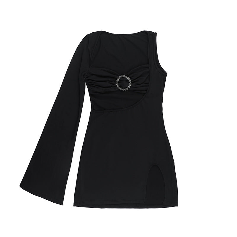 Women Sexy One-Sleeve Metal Button Cutout Dress 9