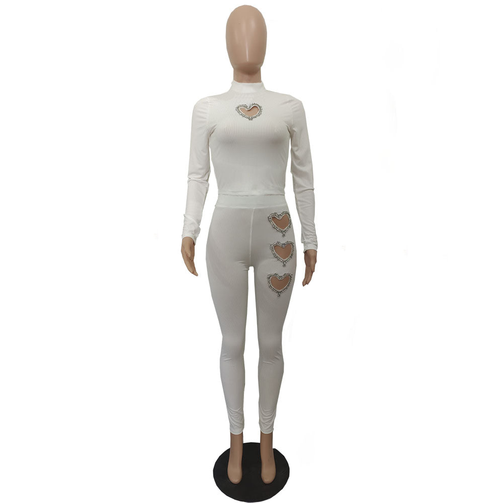 Women's Heart-Shaped Beaded Solid Color Two Piece Pants Set 15