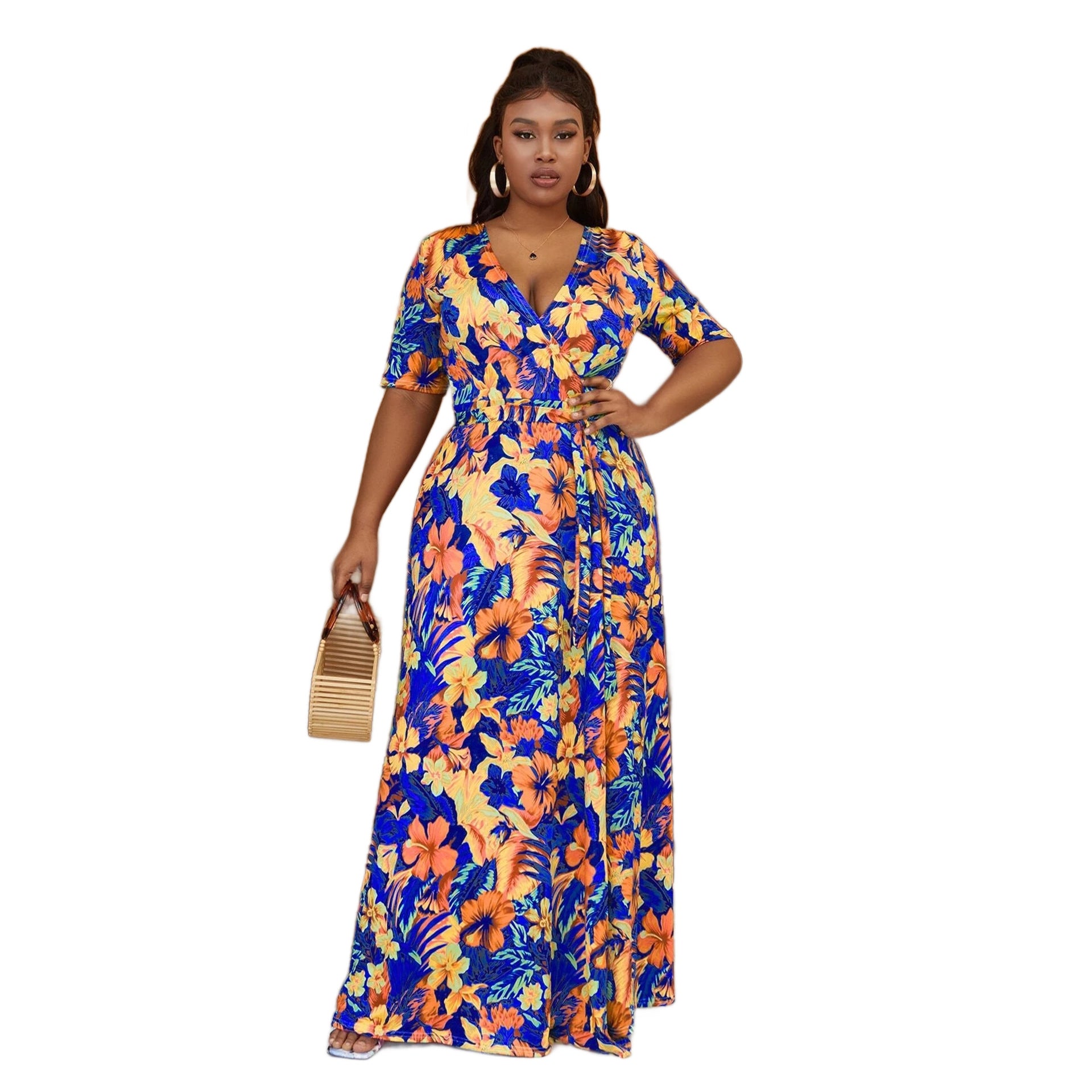 Plus Size Women Bohemian Beach Tie Dye Casual Slit Short Sleeve Maxi Dress 4