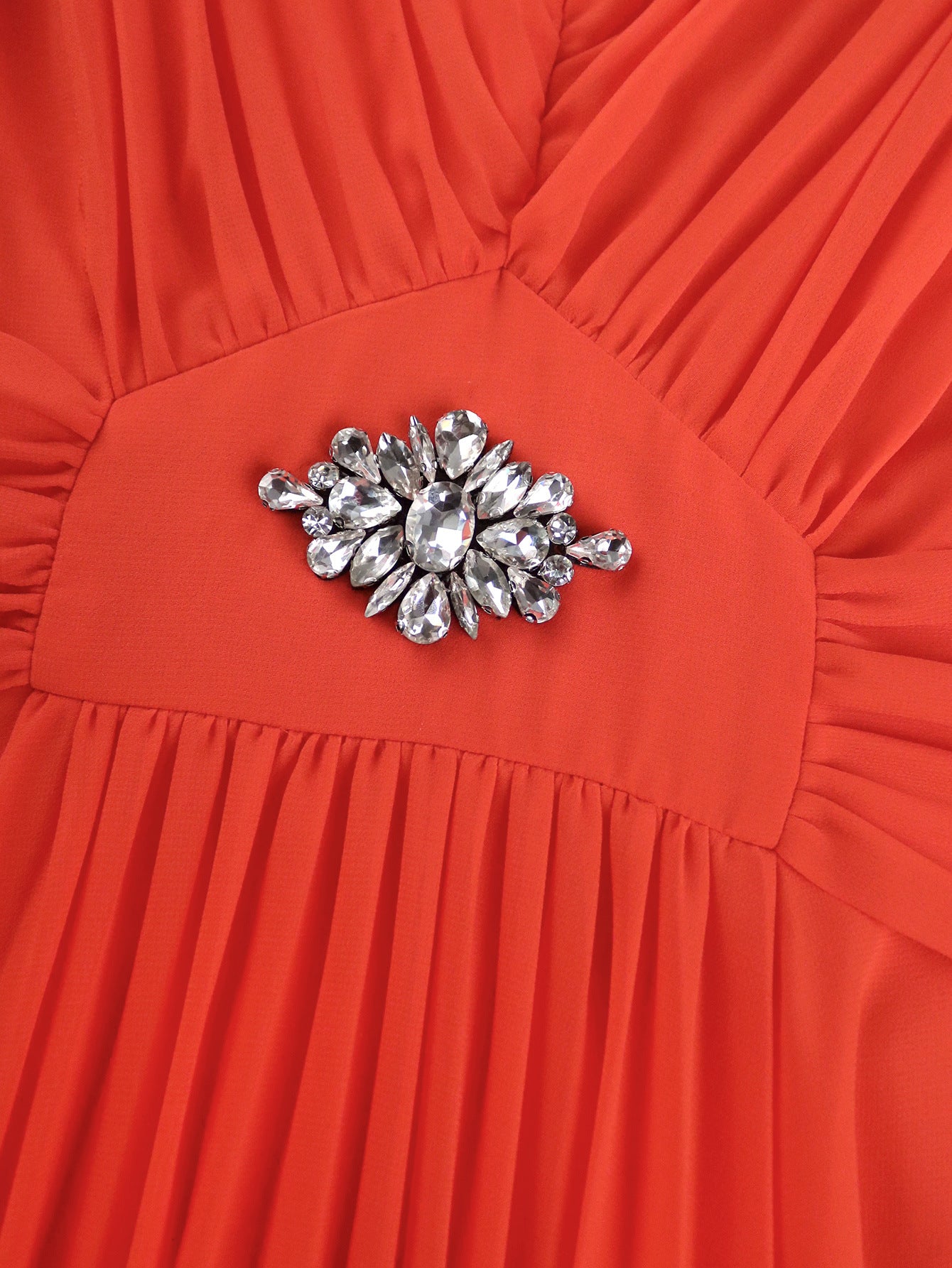 Plus-Size Women Chiffon V-Neck Gathered Short Sleeve Orange Dress 7