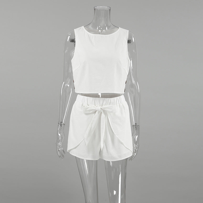 Women Spring and Summer Casual white sleeveless round neck vest lace-up shorts Two Piece Set 8