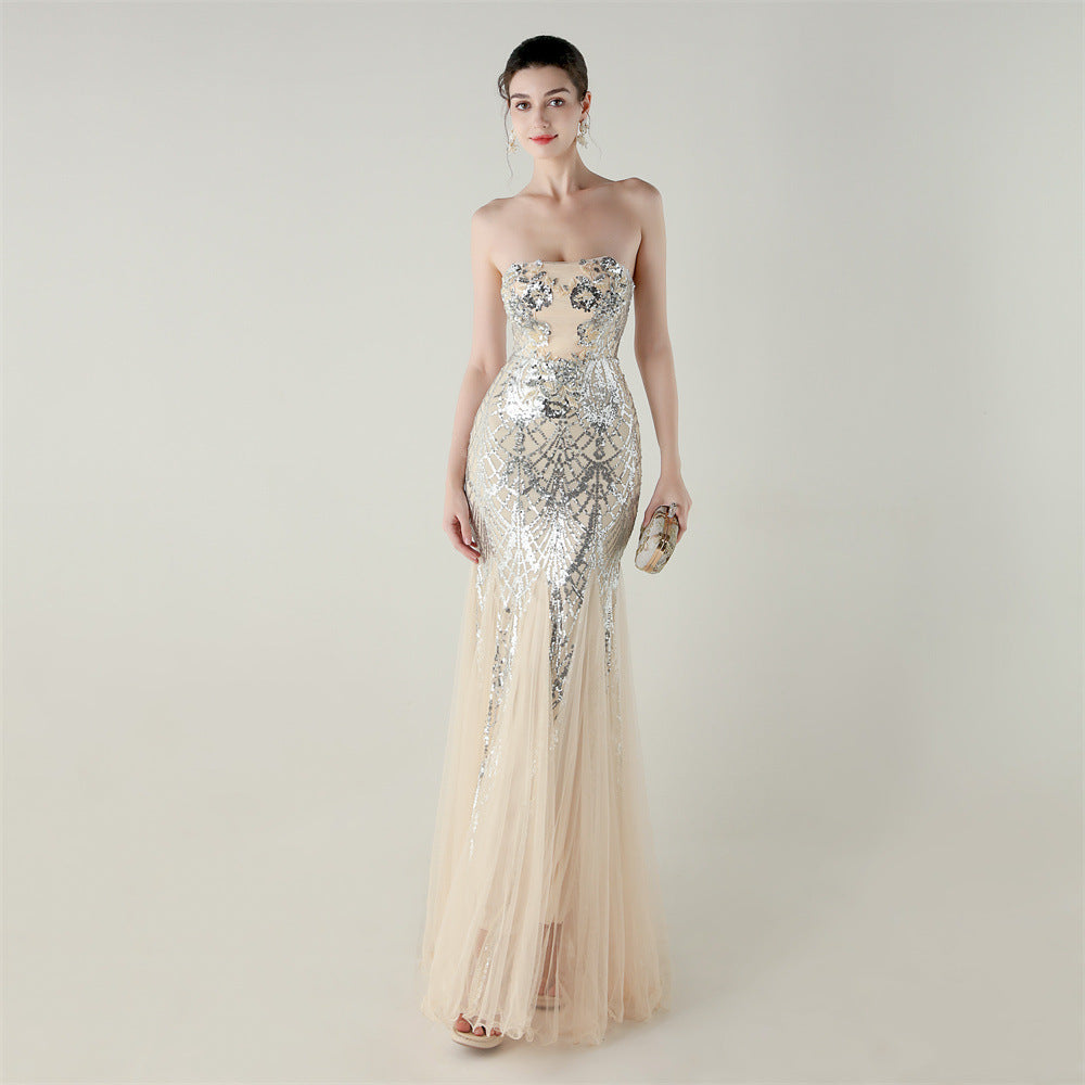 Women Strapless cross Lace-Up sequined tube flower sequined mesh evening dress Formal Party evening dress 29