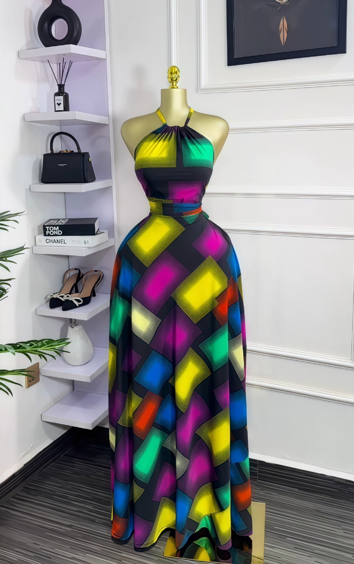 Summer Womenƒ??s Sleeveless Halter Neck Color-Block Slim Waist Tie-Front Chic Maxi Dress 3