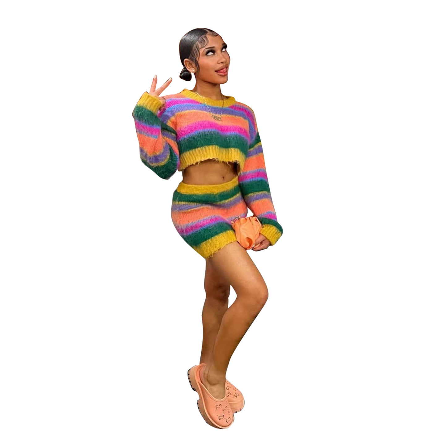 Women casual striped knitting two-piece top and skirt 5