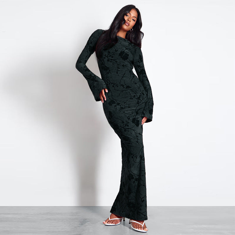 Autumn Round Neck Long-Sleeve Lace-Up Low Back Print Maxi Dress 5