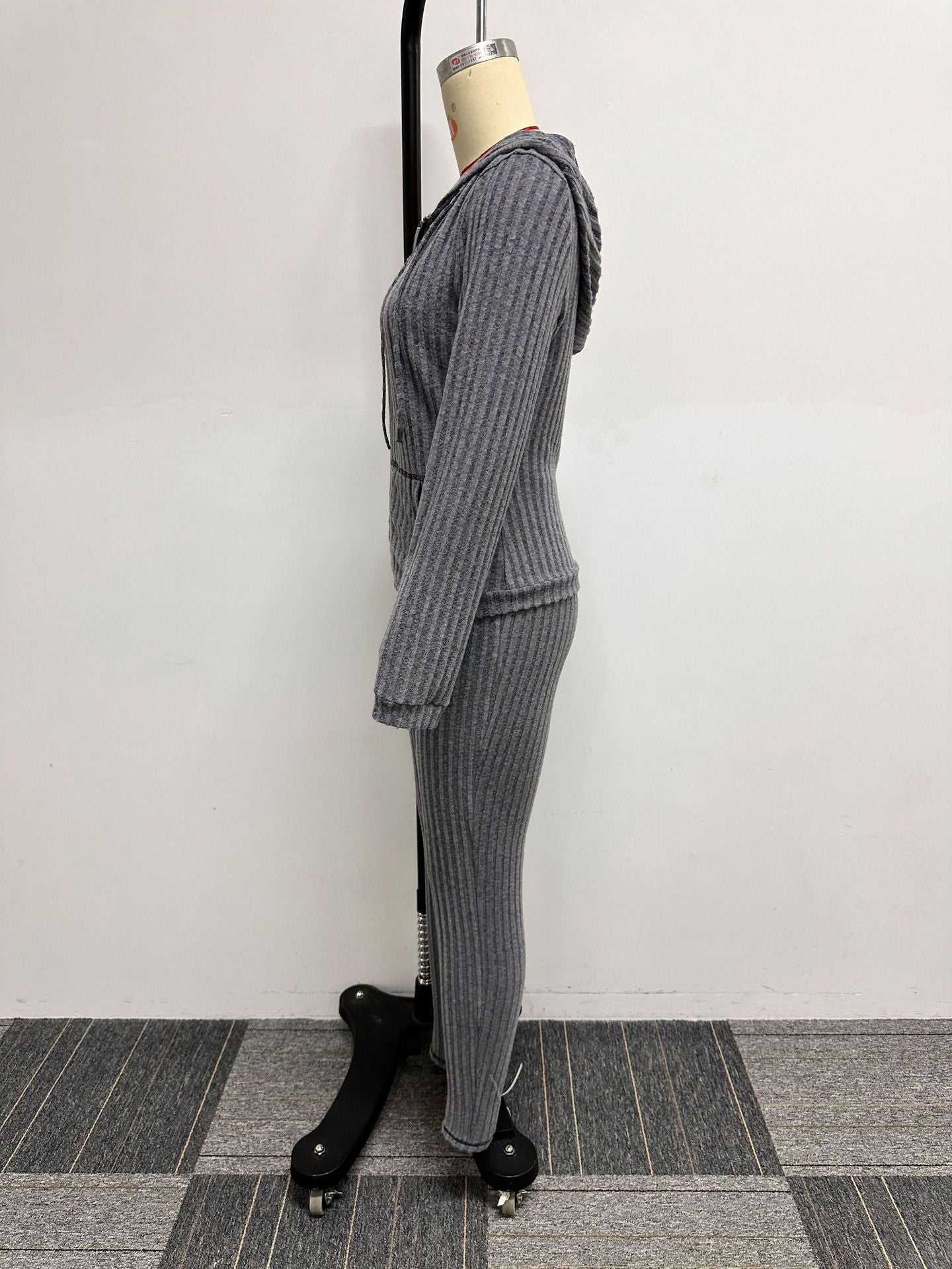 Women Sexy Stretch Ribbed Hooded Top and Pant Two-piece Set 9