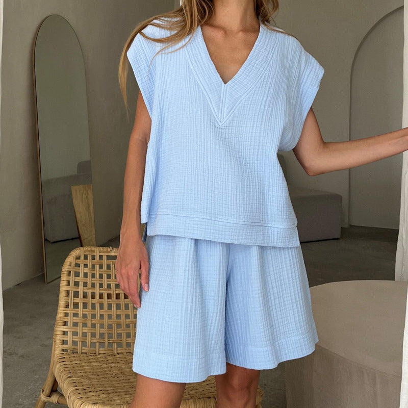 Women Summer Solid Casual Sleeveless Vest and Shorts Two-Piece Set 3