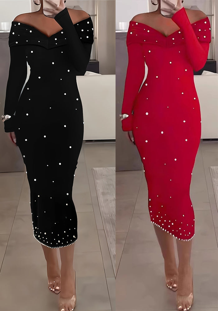 Fashionable And Elegant Off-Shoulder Solid Color Long Sleeve Beaded Bodycon Dress