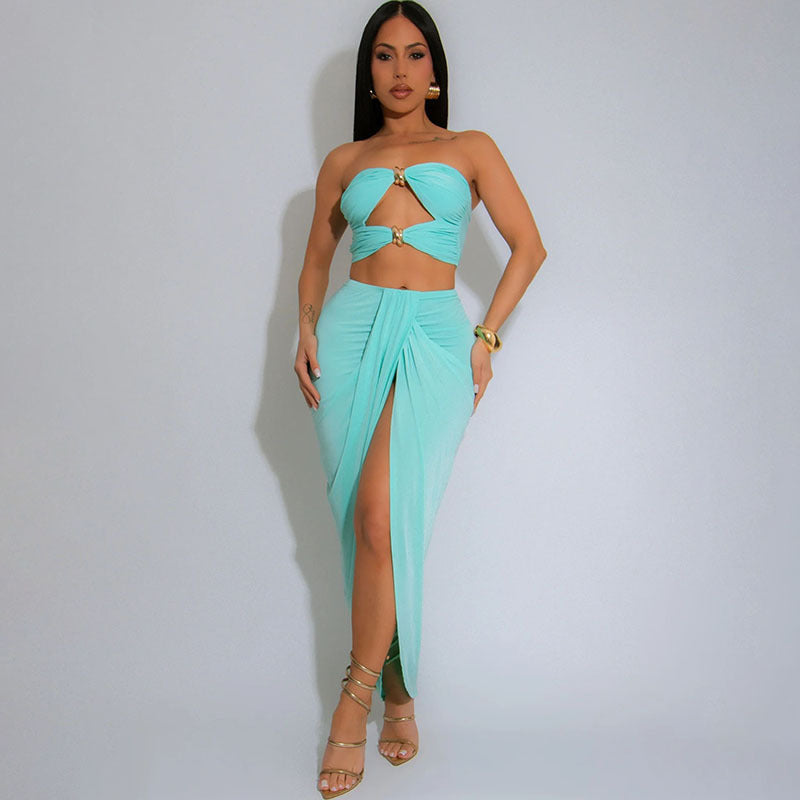 Summer Hollow Low Back Strapless Top and High Waist Solid Color Slit Skirt Set for Women 5