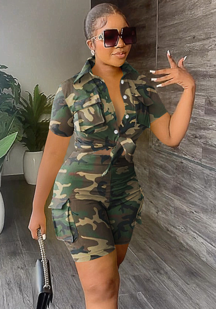 Women's Camouflage Shirt Short Sleeve Shorts Two-Piece Set