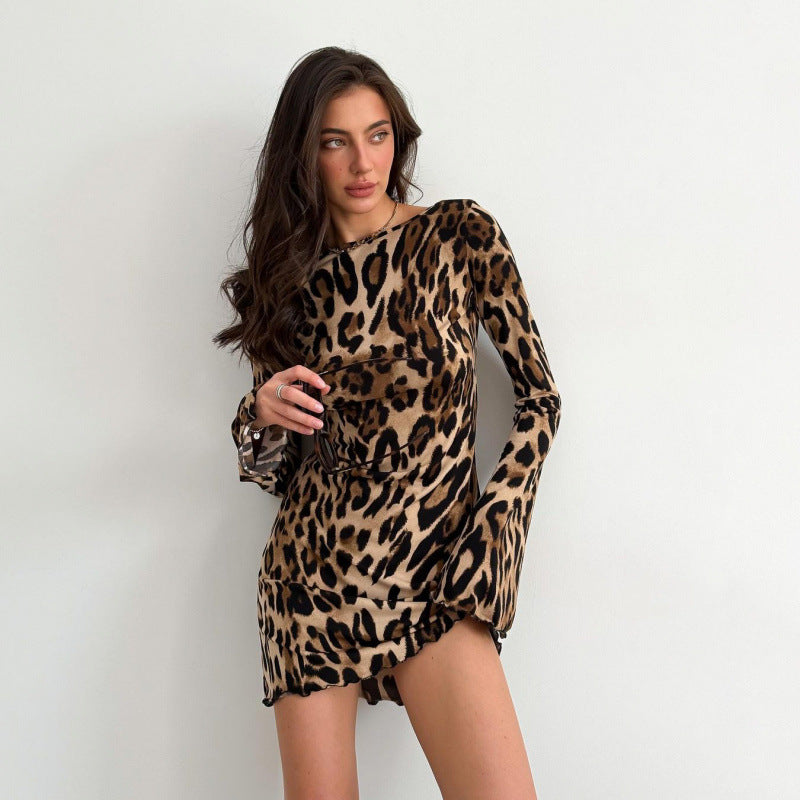 Women Round Neck Long Sleeve Leopard Dress 7