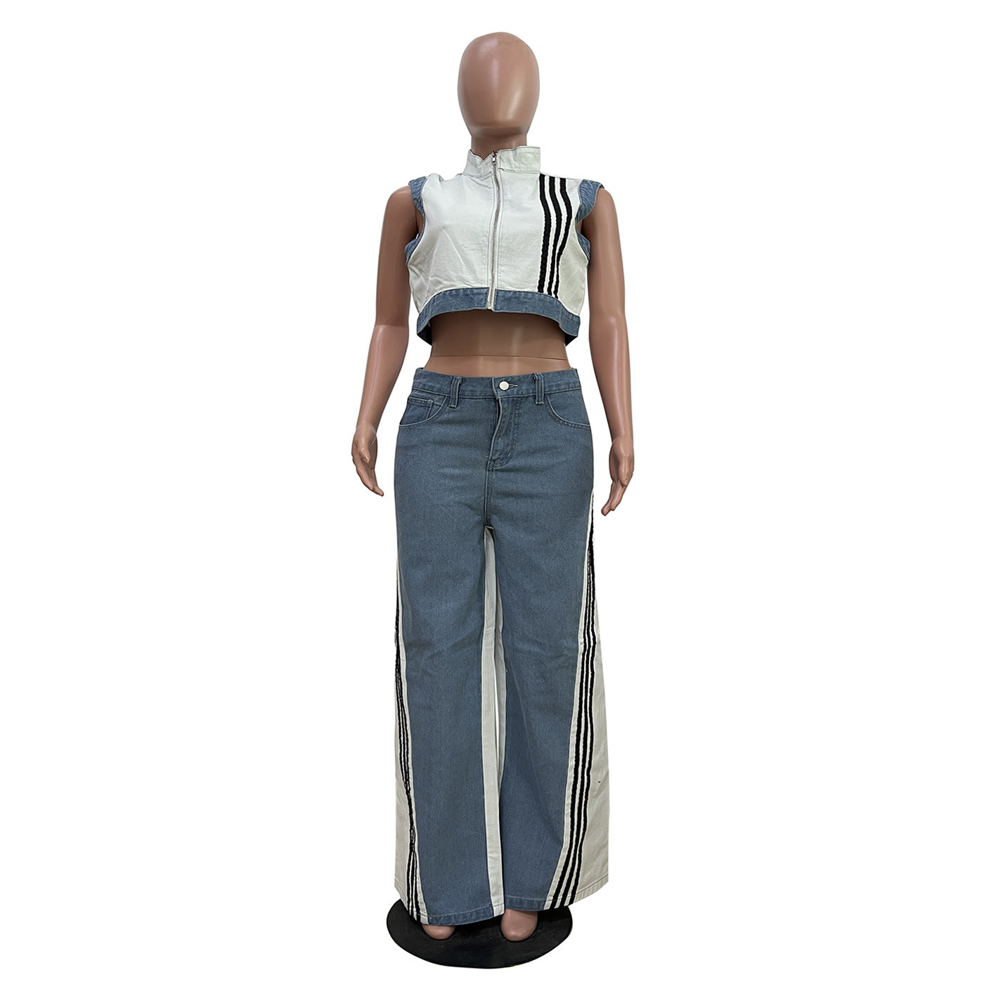 Women casual webbing patchwork top and denim wide-leg pants two-piece set 7