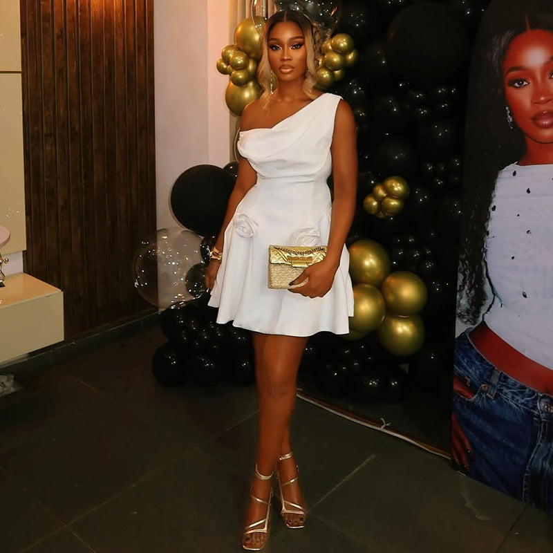 Women's Chic Solid Color One-ShoulderA-line Mini Dress 5