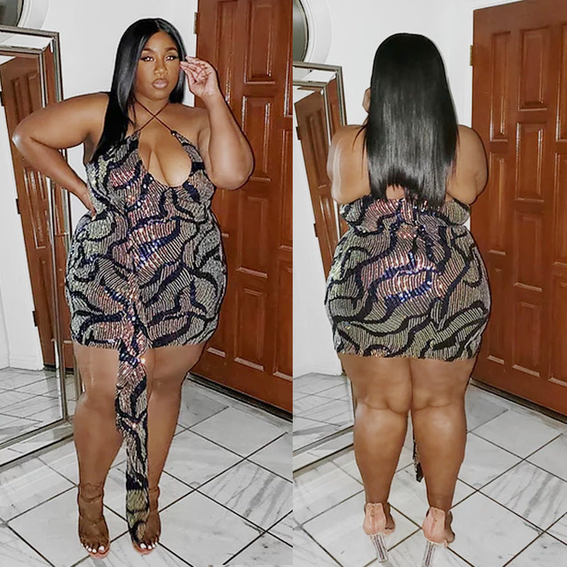 Women's Fashion Open Back Sexy Halter Neck Sequin Plus Size Dress 6