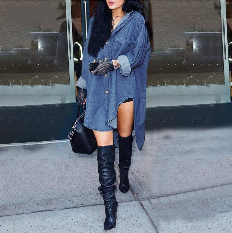 Women Long Sleeve irregular sides Denim Shirt 3