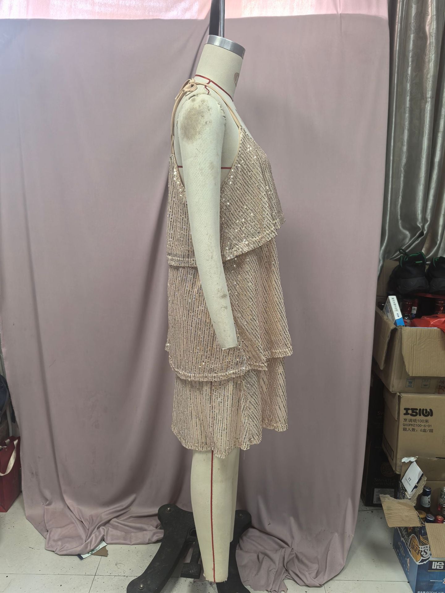 Women Sequin Sleeveless Suspender Party Cascading Ruffles Dress 7