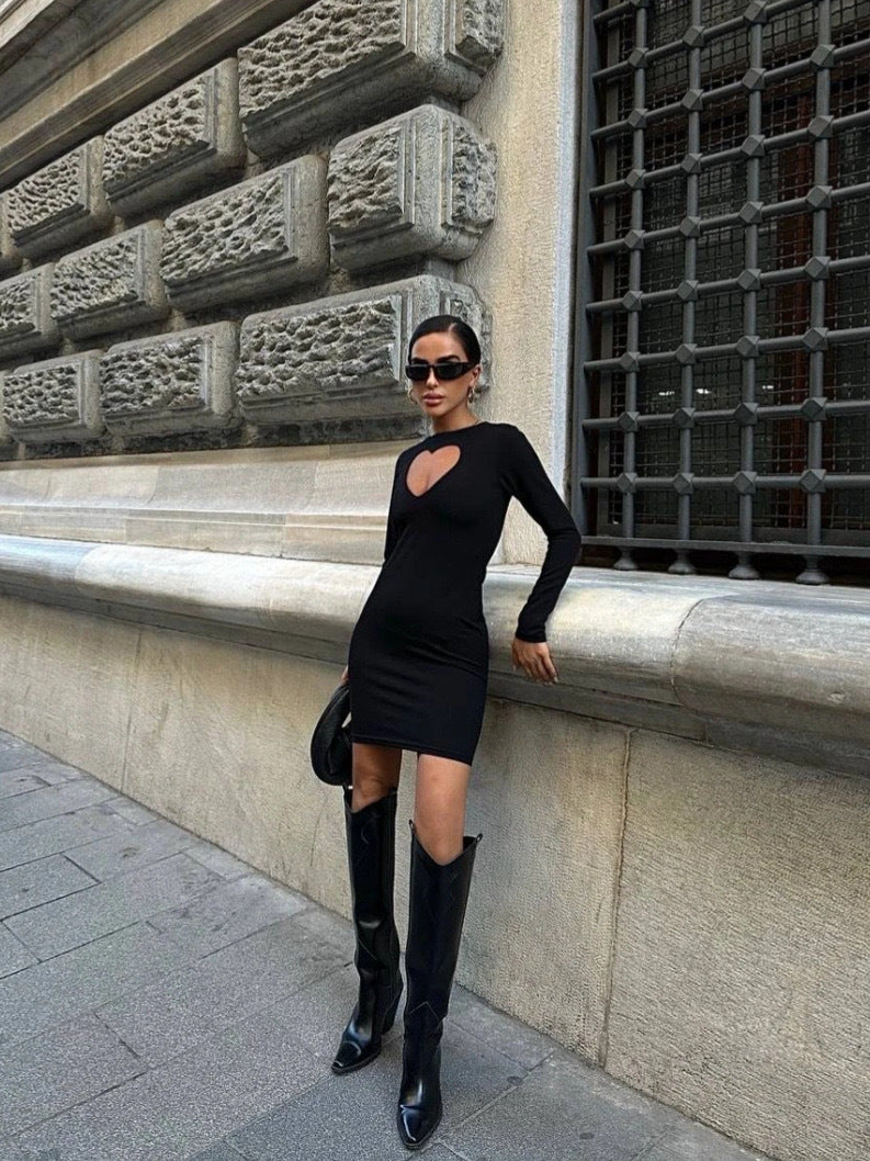 Women Round Neck Sexy Hollow Bodycon Long Sleeve Dress 6