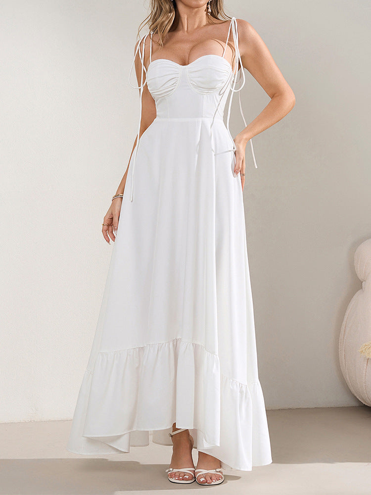 Summer Strap Lace-Up Sexy Low-Back Pleated Maxi Dress