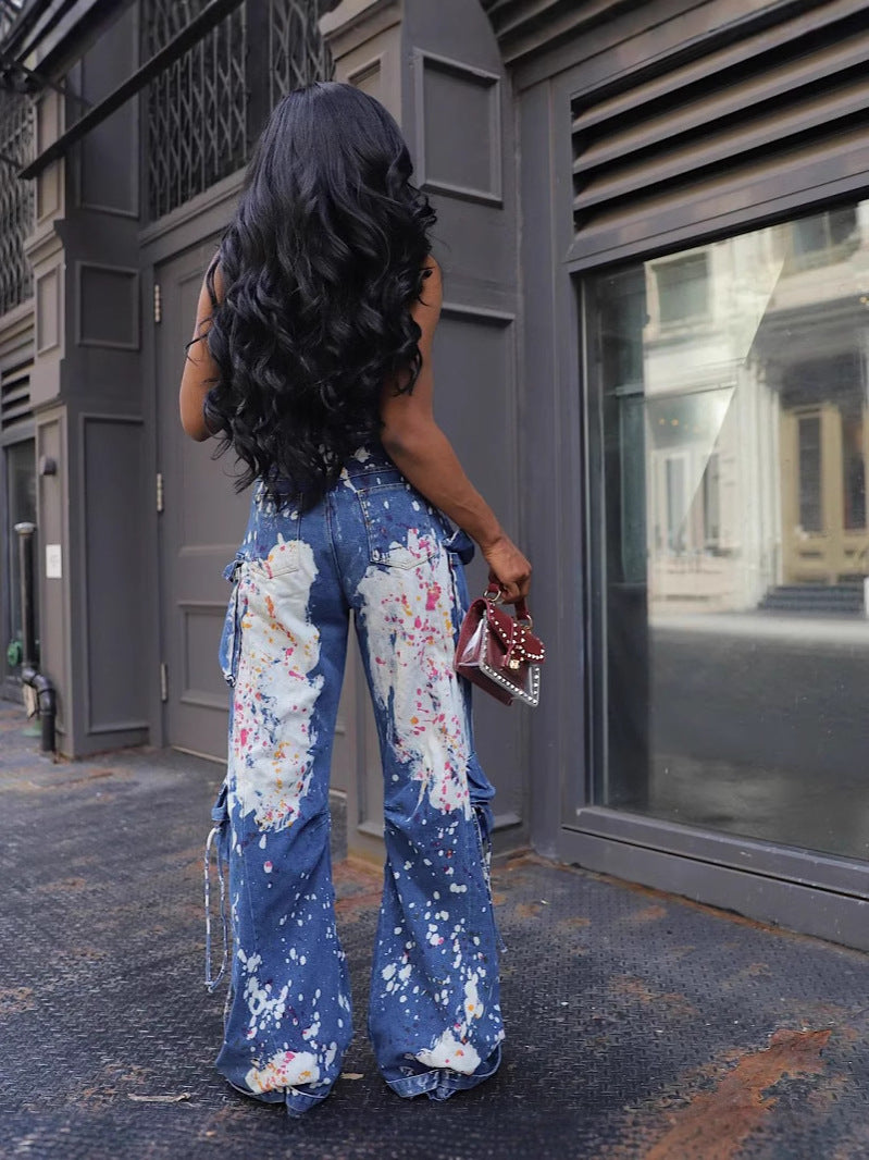 Women Elastic Off-Shoulder Cargo Splash Ink Bell Bottom Denim Jumpsuit 4