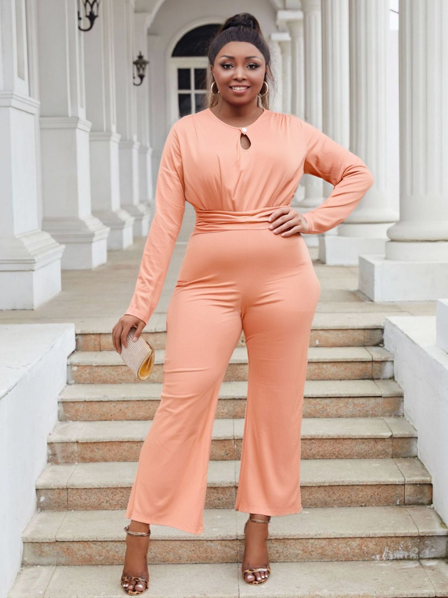 Plus Size Women Elegant Stretchy Hollow Wide Leg Jumpsuit 7