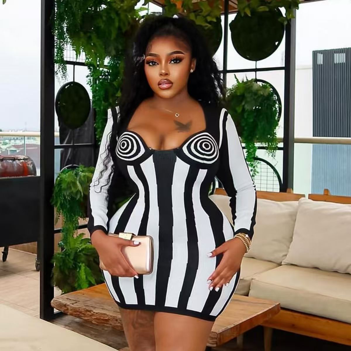 Women black and white vertical striped bandage dress 7