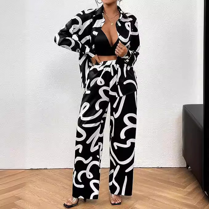 Fashion Print Casual Shirt Wide-Leg Pants Two-Piece Set 5