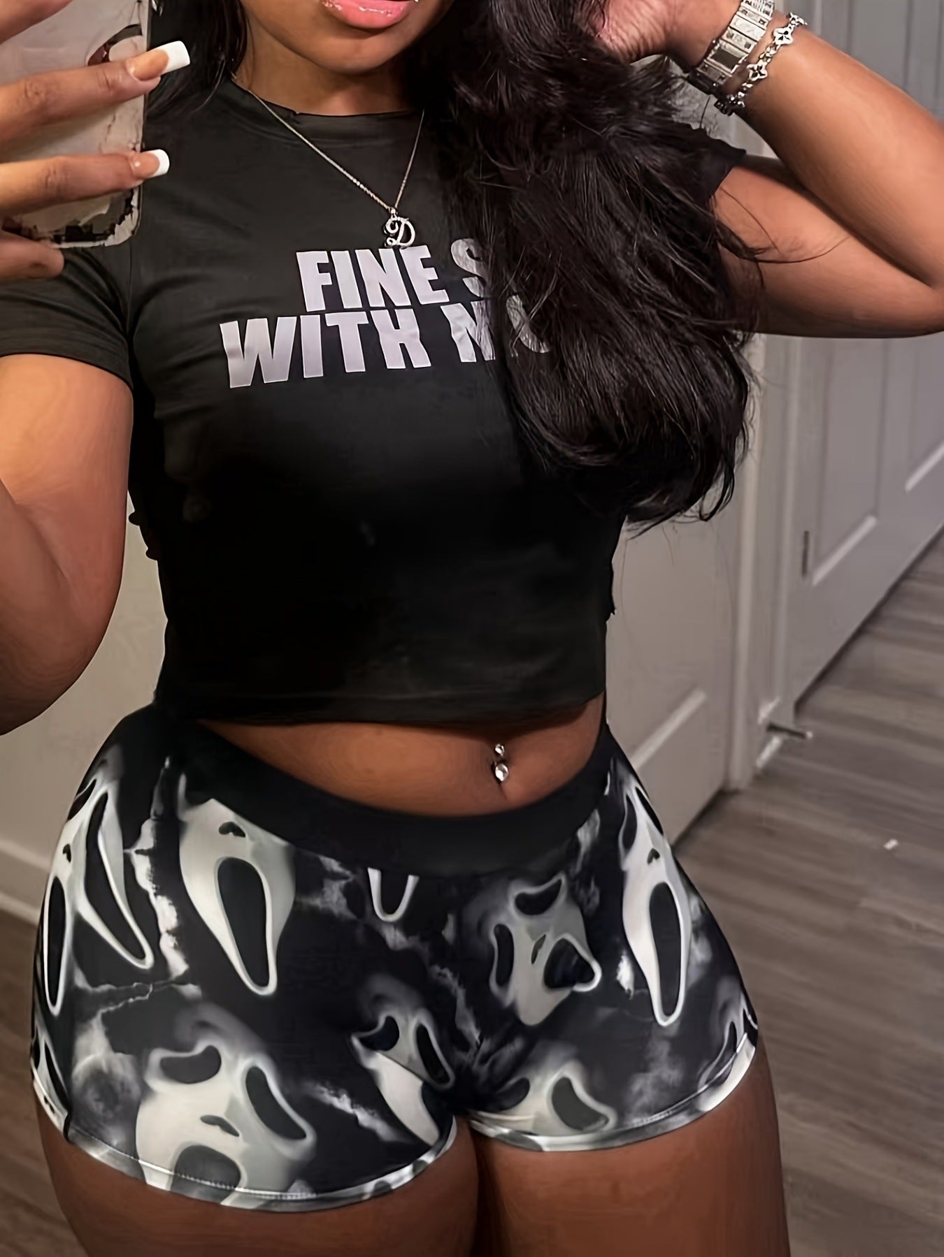 Spring Summer Short T Print Shorts Sexy Tight Fitting Sports Two Piece Set 3