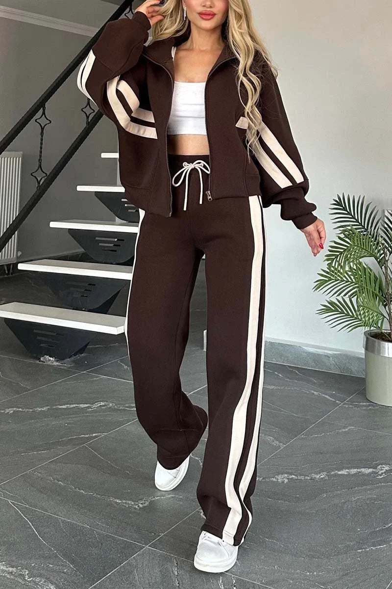 Women Striped Zipper Top and Pants Casual Sports Two-piece Set 6