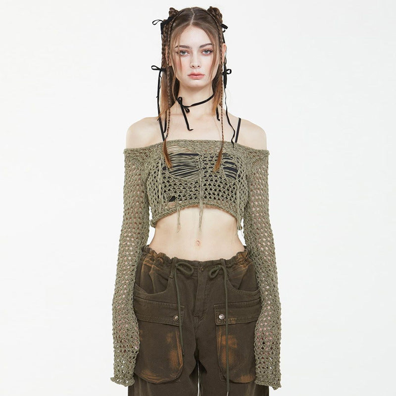 Women's Knitting Blouse Ripped Sexy Design Short Long Sleeve Top 7