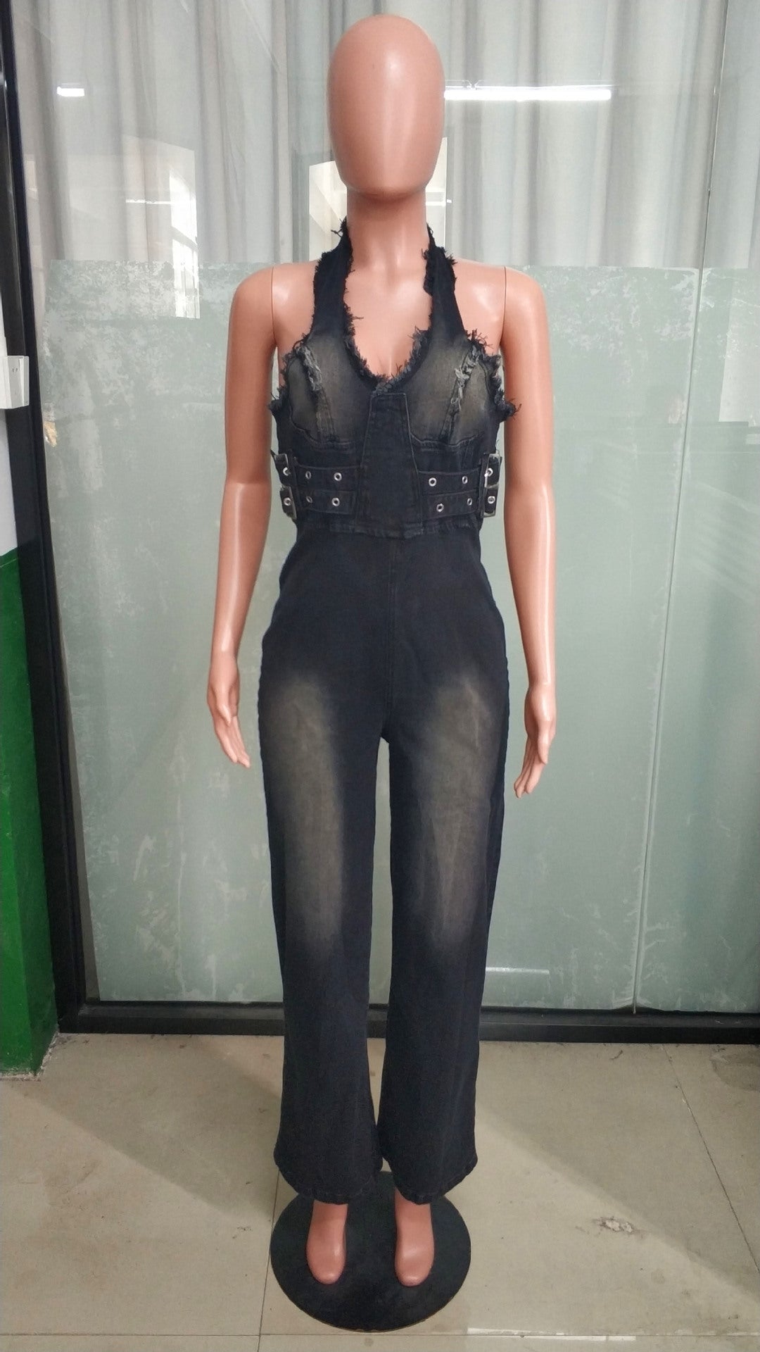 Tight Waist Slim Elastic Washed Denim Halter Neck Loose Jumpsuit 6