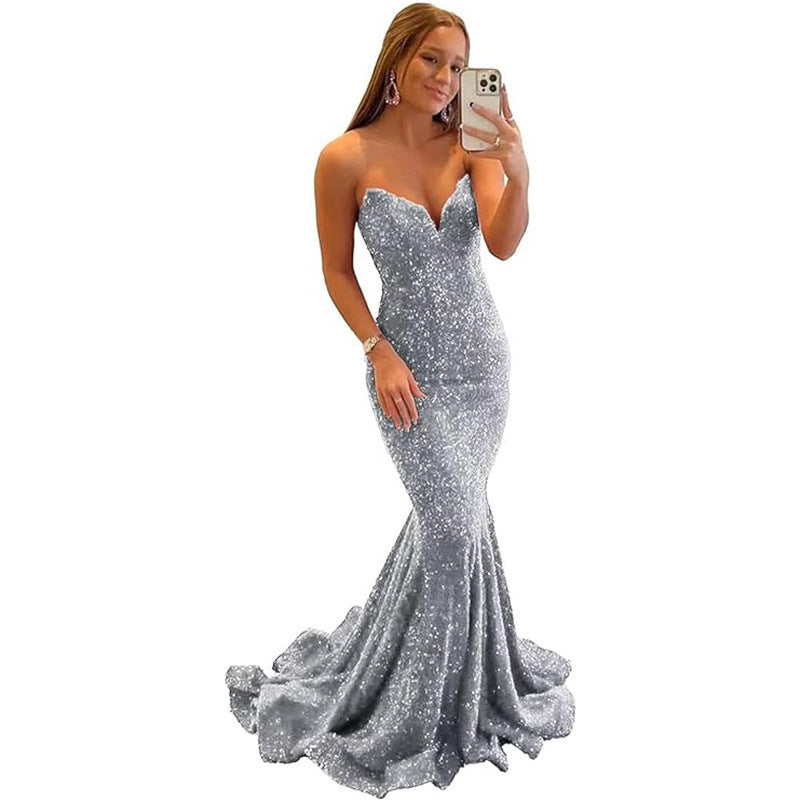 Women Sequined Ball Party Fishtail Shining V Neck Evening Dress（Processing time need 3-6 days） 15